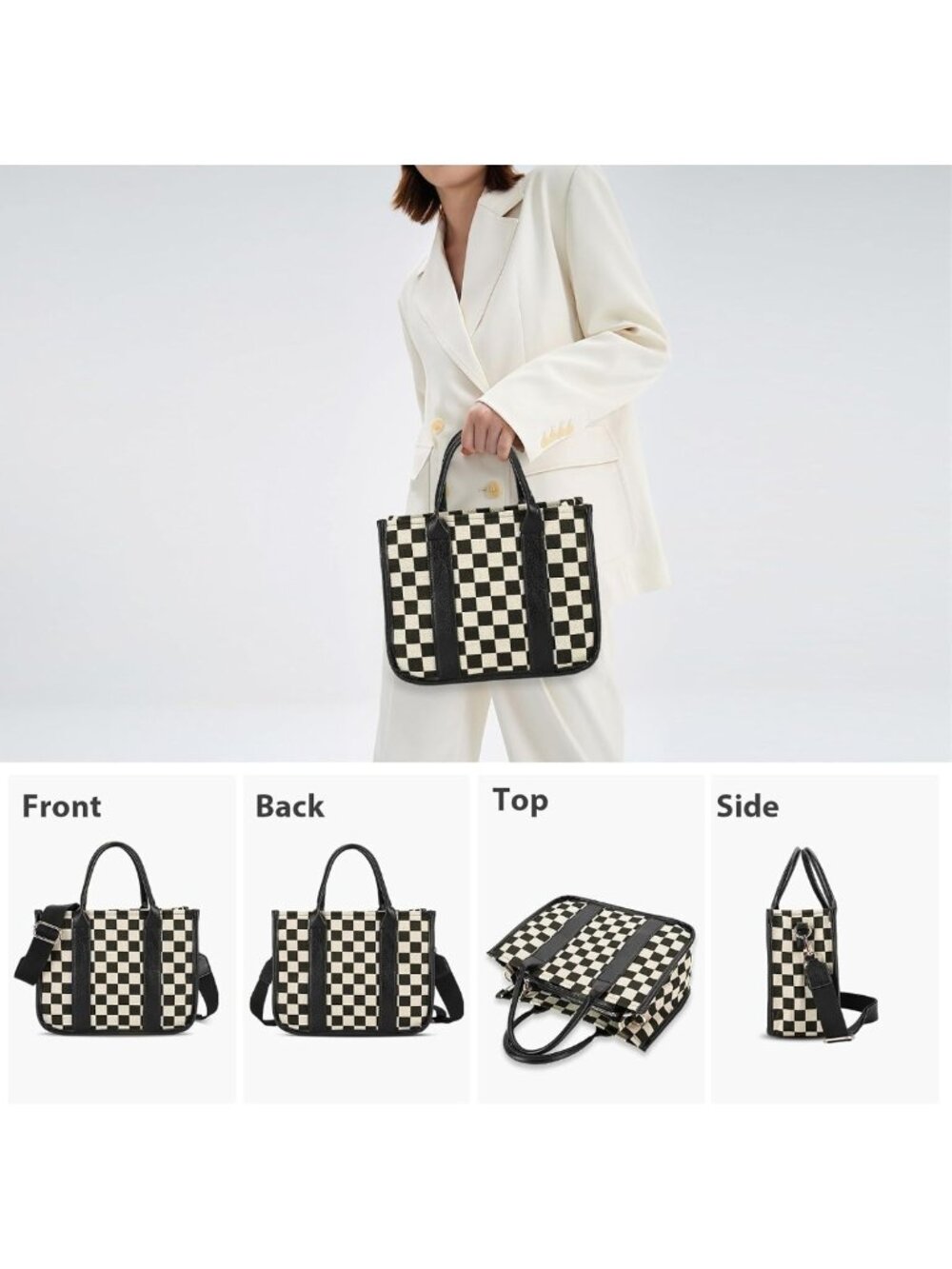 Chic Black and White Checkered Crossbody Tote Bag | Casual Purse for Work - Picture 7 of 8